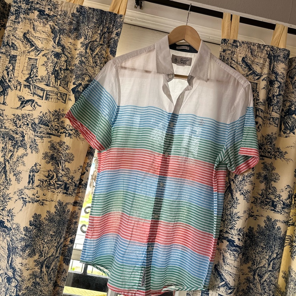 UNISEX Original Penguin 100% cotten Red Green Blue stripe Button Down
